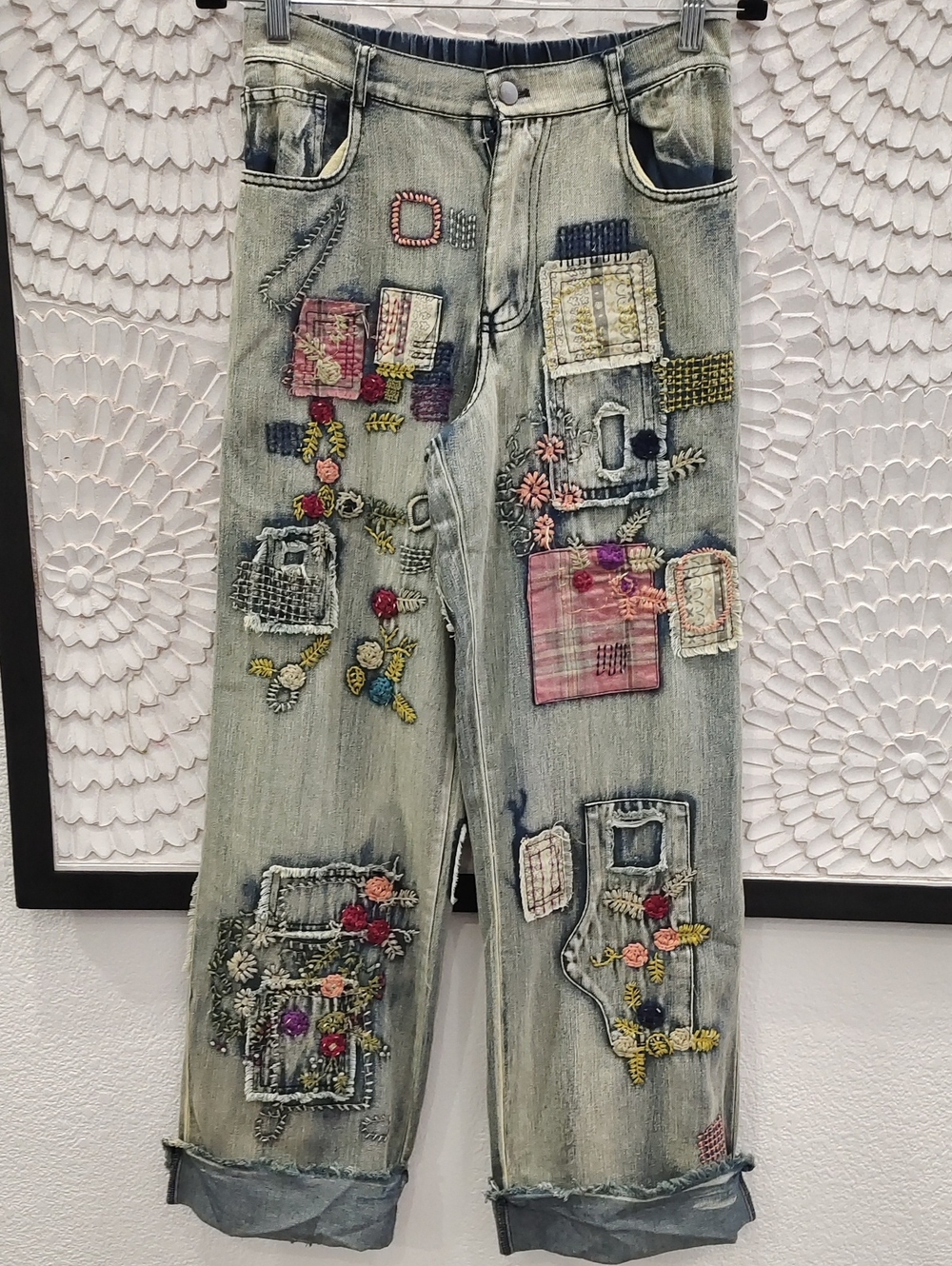 Boho Patchwork Embroidered Light Vintage Wash Jeans - Picture 3 of 9